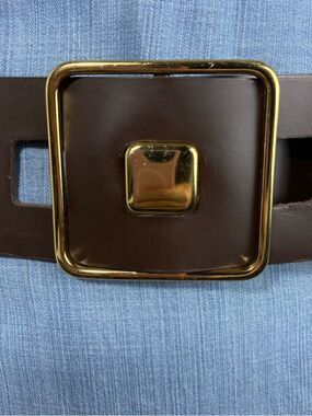 Womens belt wide gold geometric buckle chocolate brown 45” long
